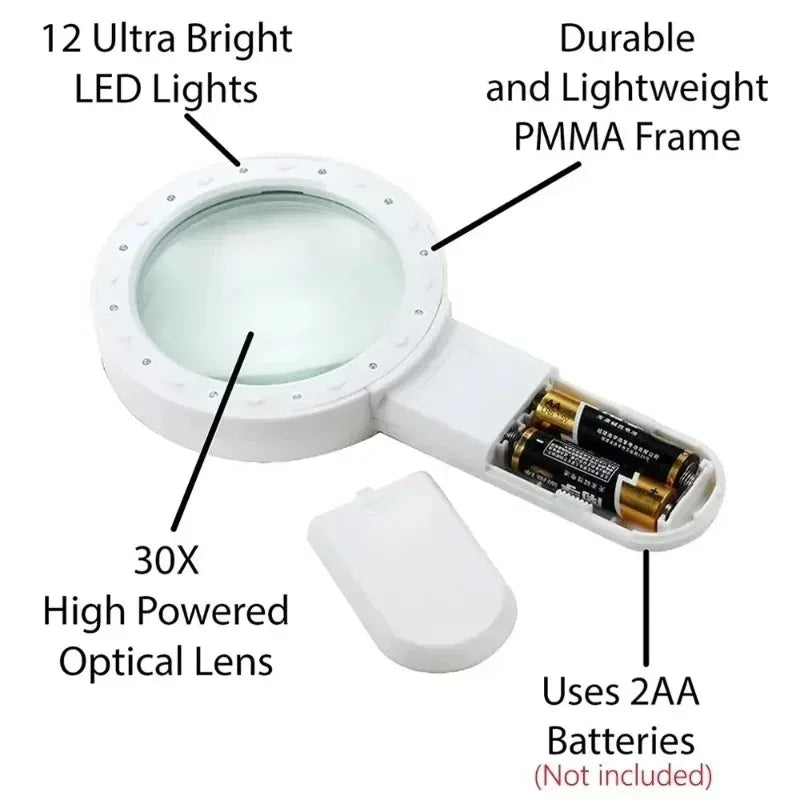 Portable 30X Magnifier with 12 LED Illuminated UV Light Handheld Loupe for Reading Coins Jewelry and Watch Repair Tool Peaceful Pleasures Health and Wellness