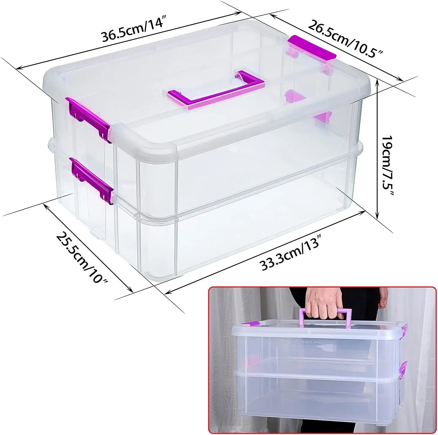 2-Tier Stackable Storage Box with Handle, Portable Organizer for Crafts, Stationery & Beauty Supplies (Purple) Peaceful Pleasures Health and Wellness