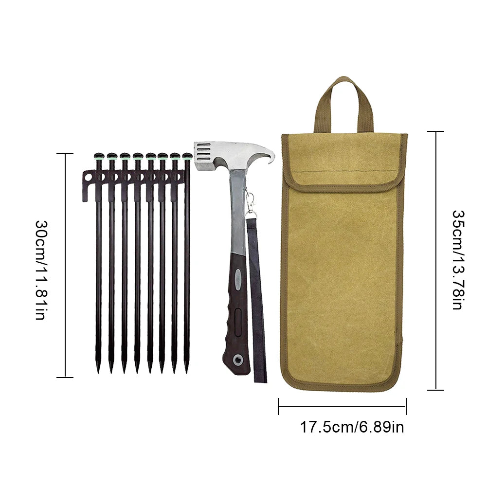 8-Piece Heavy Duty Forged Steel Tent Stakes with Hammer & Bag