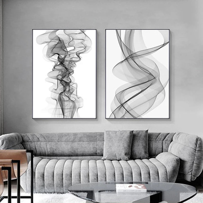 Abstract Geometric Black & White Wavy Canvas Wall Art Print