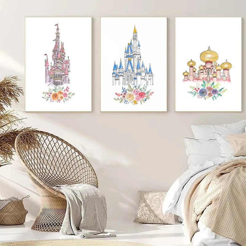 Watercolor Princess Castle Canvas Wall Art | Girls Nursery Decor