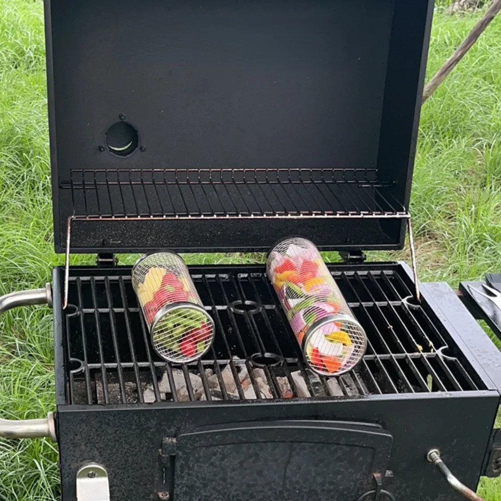 BBQ Basket Stainless Steel Rolling Grilling Basket Cylinder Grill Basket Portable Round Outdoor Camping Barbecue Rack with Lid Peaceful Pleasures Health and Wellness