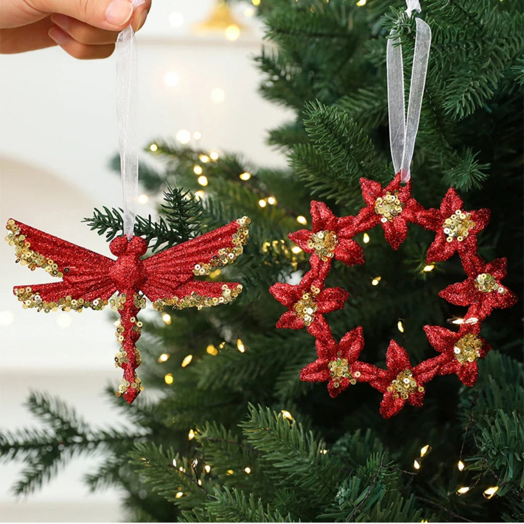 Red Glitter Christmas Tree Pendant – Gold Sequins & Snowflake