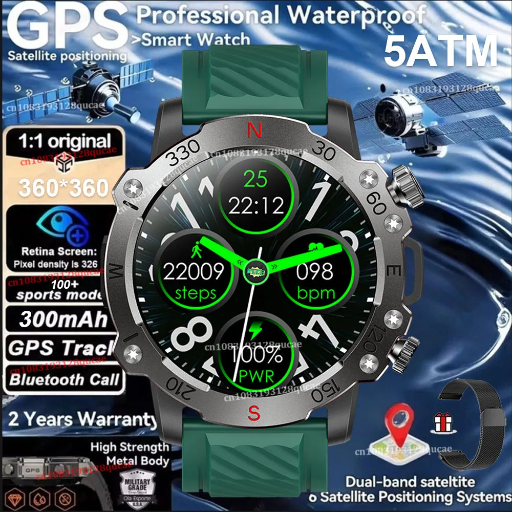 New Dual-Band GPS Military Smart Watch 5ATM Water-Resistant 300mAh Battery Compass GPS Sport SmartWatch Men For Android IOS 2025 Peaceful Pleasures Health and Wellness Green Black Milan