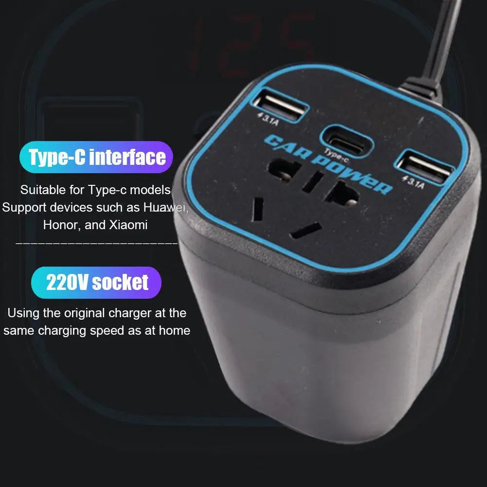 200W Car Power Inverter 12V/24V to 110–220V with USB-C Fast Charge