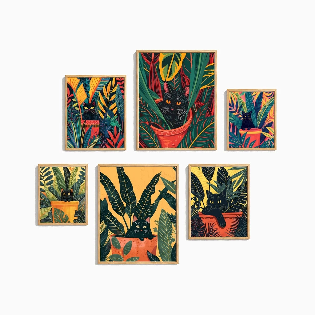 Abstract Wall Art Cute Black Cat in a Plant Pot Vintage Canvas Painting Modern Style Poster Prints Living Room Wall Decor Peaceful Pleasures Health and Wellness