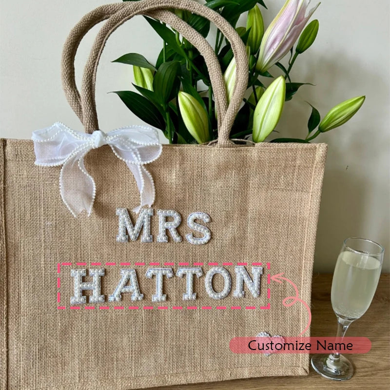 Personalized Name Jute Tote Bag Bride Wedding Engagement Bridal Shower Decoration Bachelorette Party Supplies Future Mrs Present Peaceful Pleasures Health and Wellness custom name