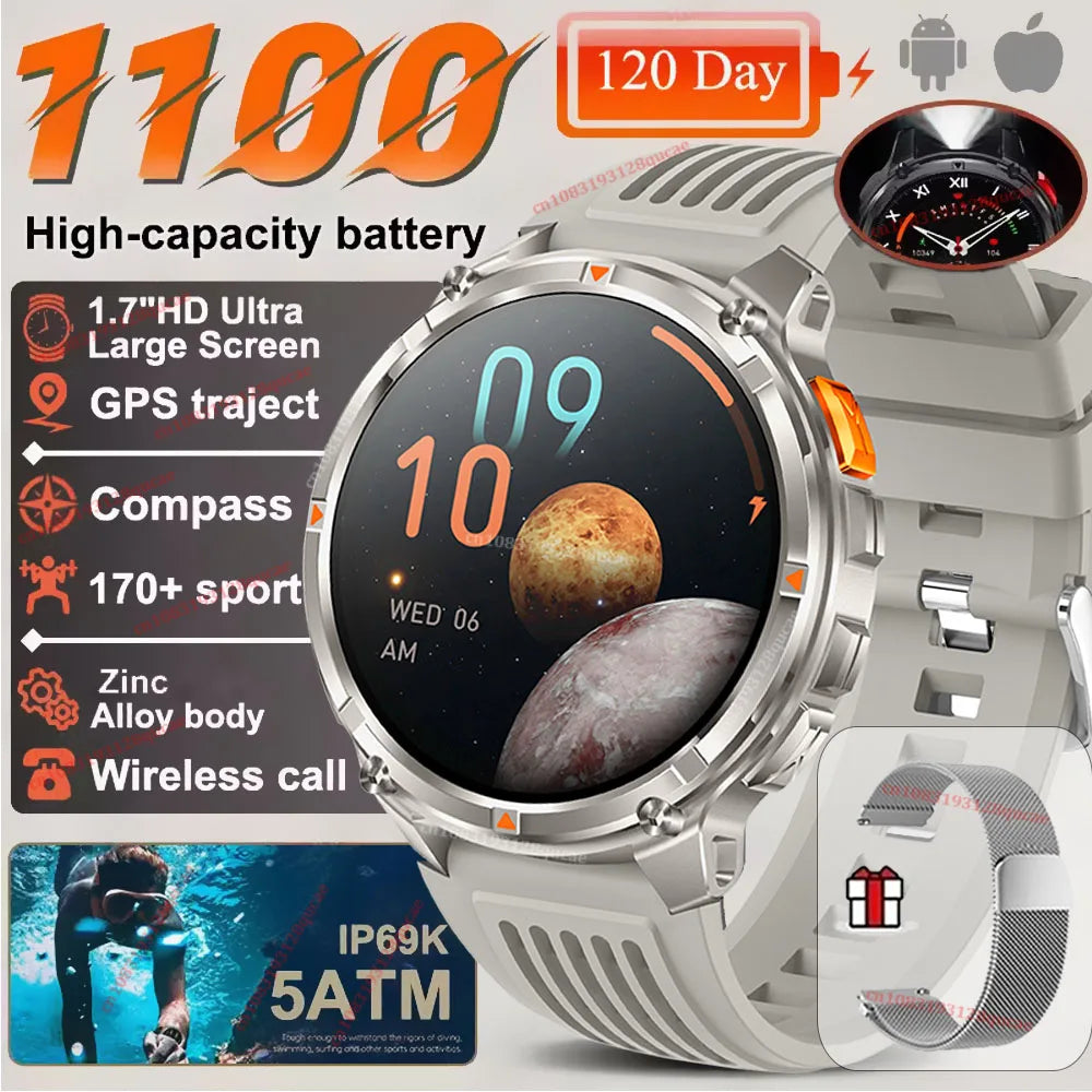 Ola Esporte Military Smartwatch 1.7" AMOLED GPS LED Flashlight