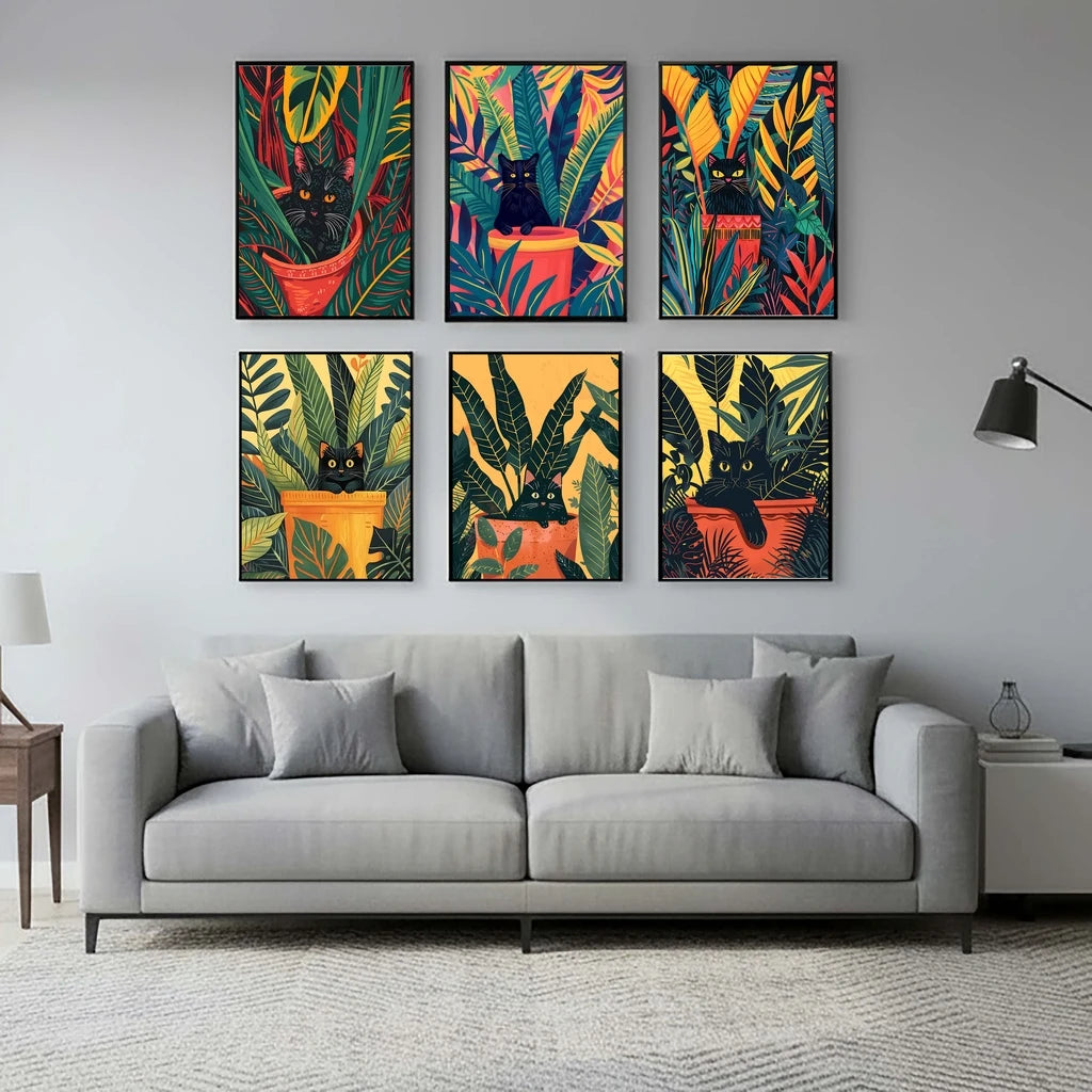 Abstract Wall Art Cute Black Cat in a Plant Pot Vintage Canvas Painting Modern Style Poster Prints Living Room Wall Decor Peaceful Pleasures Health and Wellness