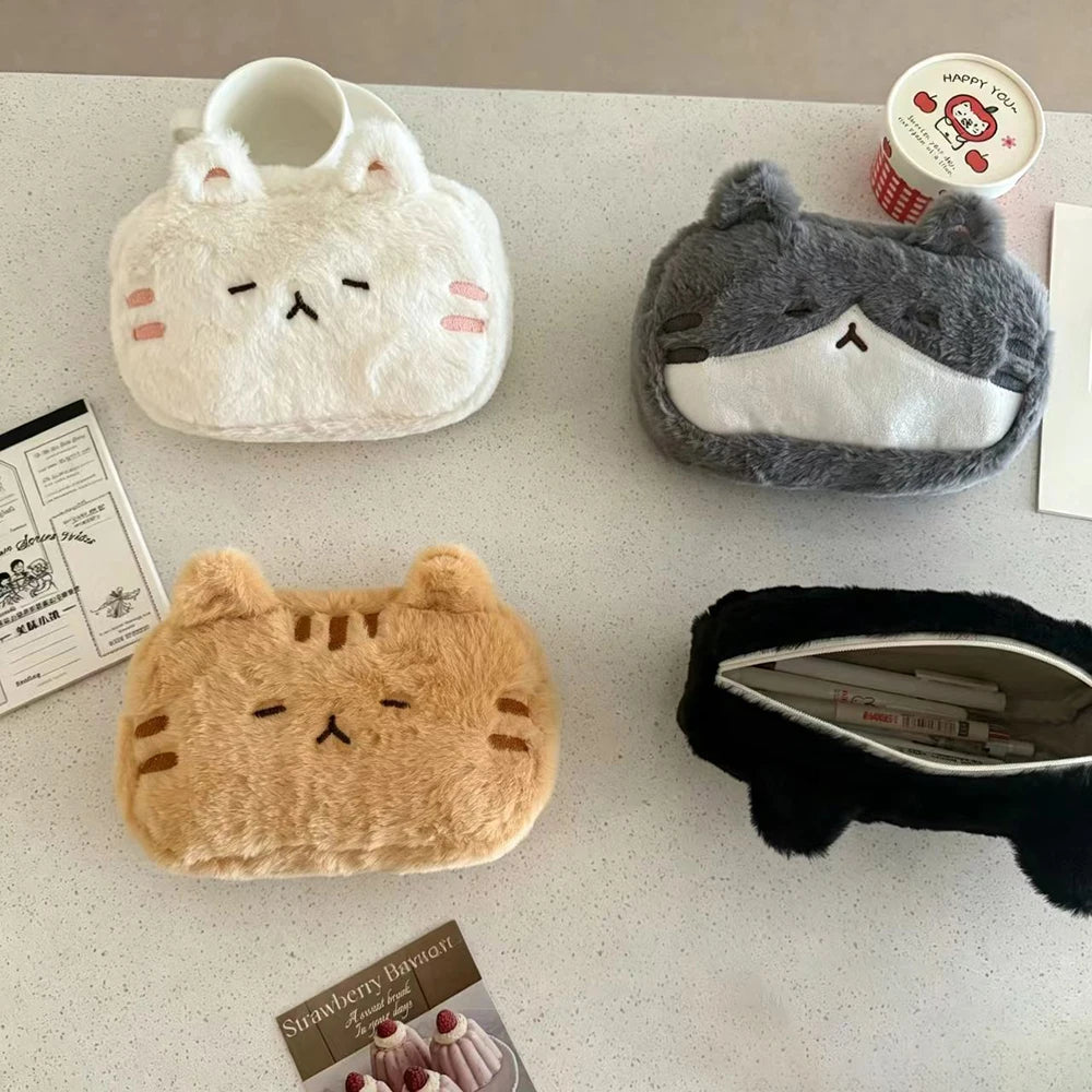 Cartoon Plush Cat Student Pencil Case Embroidered Cute Large Capacity