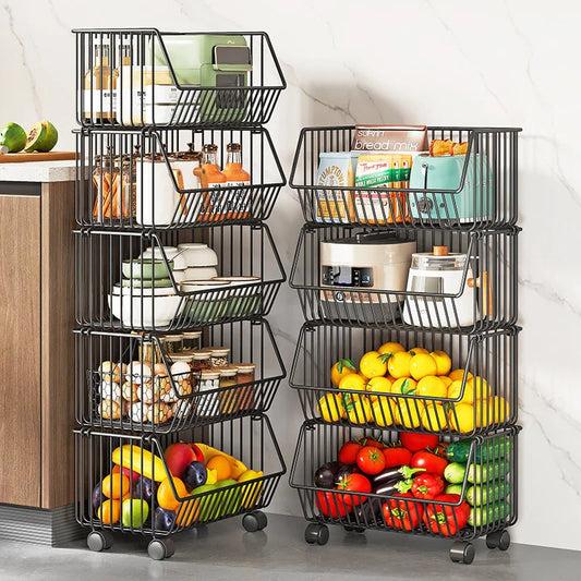 Sturdy Heavy Duty Space Saving Multilayer Kitchen Vegetable Fruit Storage Rack Rolling Cart with Baskets for Home Pantry Peaceful Pleasures Health and Wellness