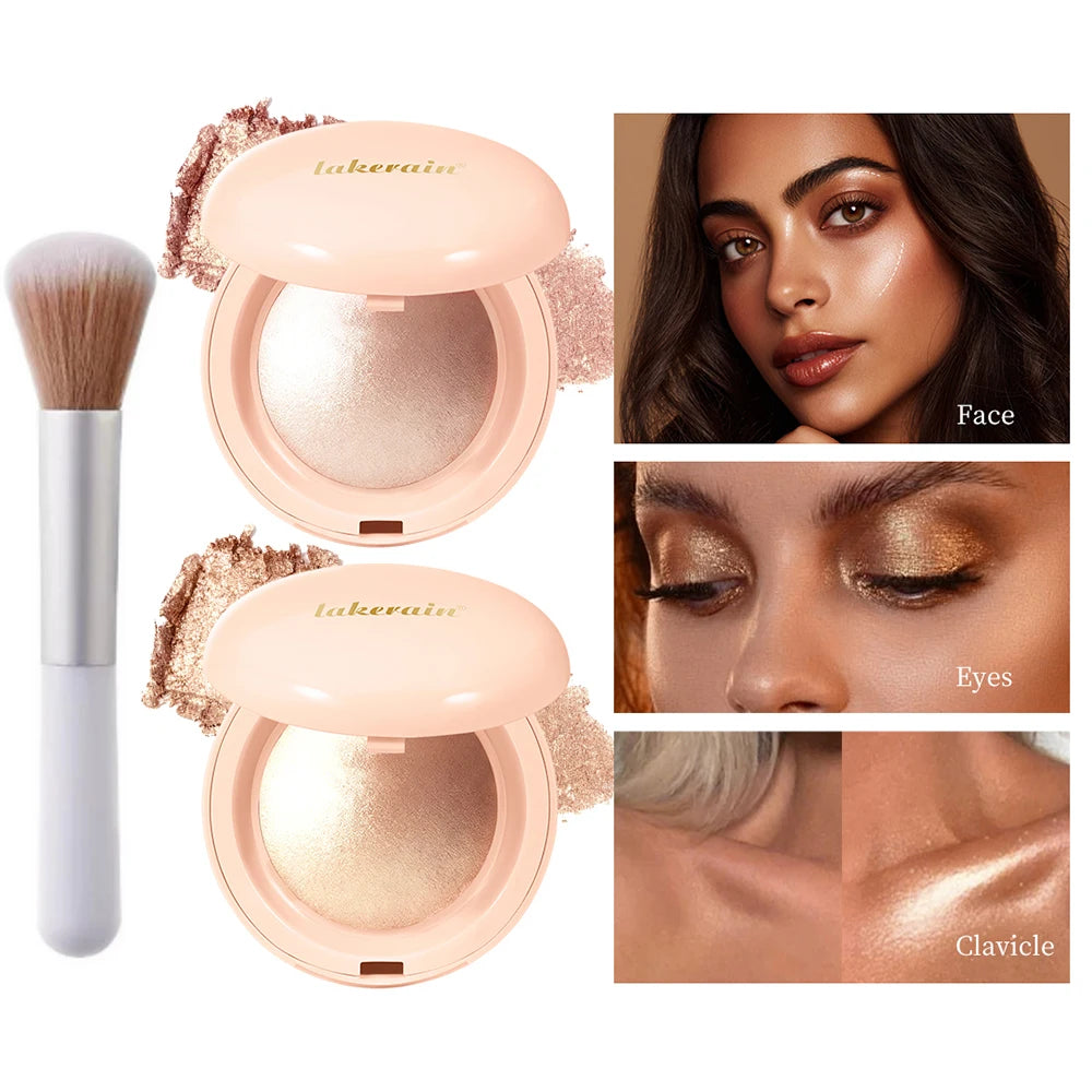 Baked Shimmer Highlighter Powder With Brush Waterproof Long Lasting Face Glow Illuminator Natural Contouring Glitter Makeup Peaceful Pleasures Health and Wellness