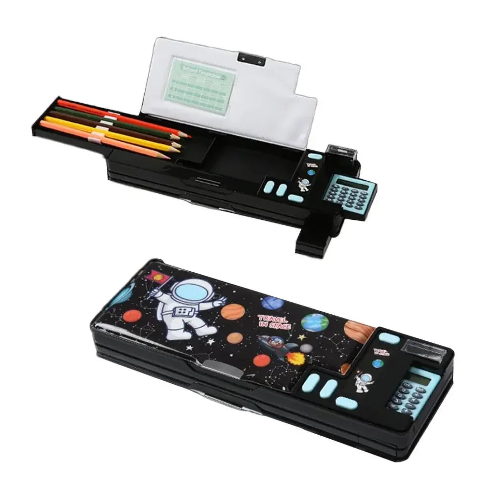Double Layer Pencil Case Astronaut/Animal Design Pencil Sharpener Pencil Box Plastic With Calculator Stationery Organizer Peaceful Pleasures Health and Wellness Black