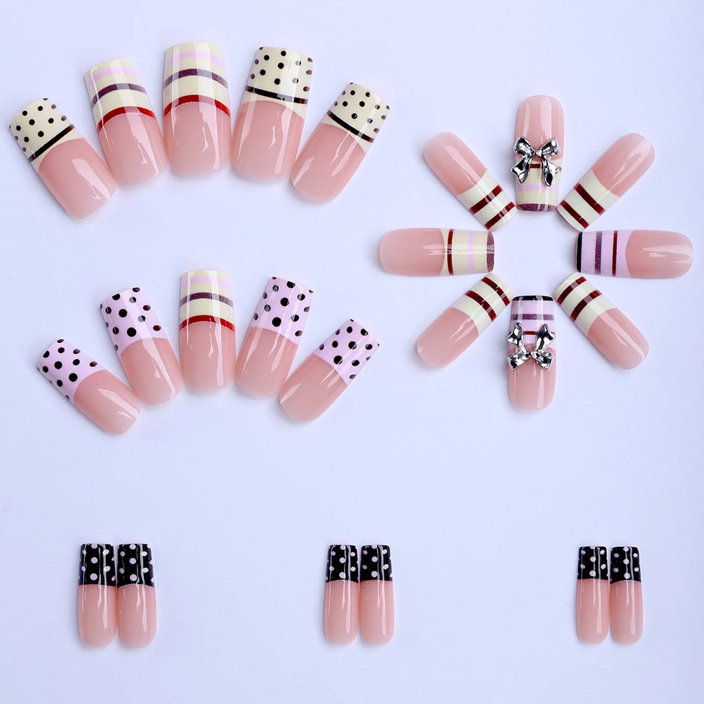 24pc Y2K French Press-On Nails – 3D Silver Bow & Stripe Art