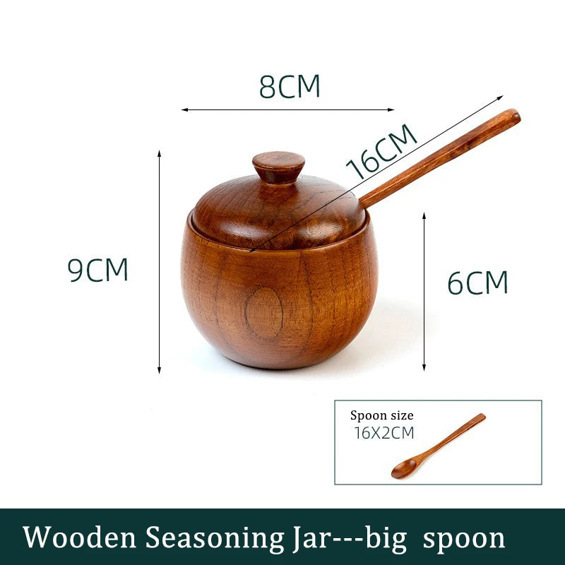 Wooden Seasoning Jar Creative Kitchen Retro Salt Sugar Pot Seasoning Storage Jar With Lid Spoon Wooden Tray Storage Containers Peaceful Pleasures Health and Wellness 1pc big