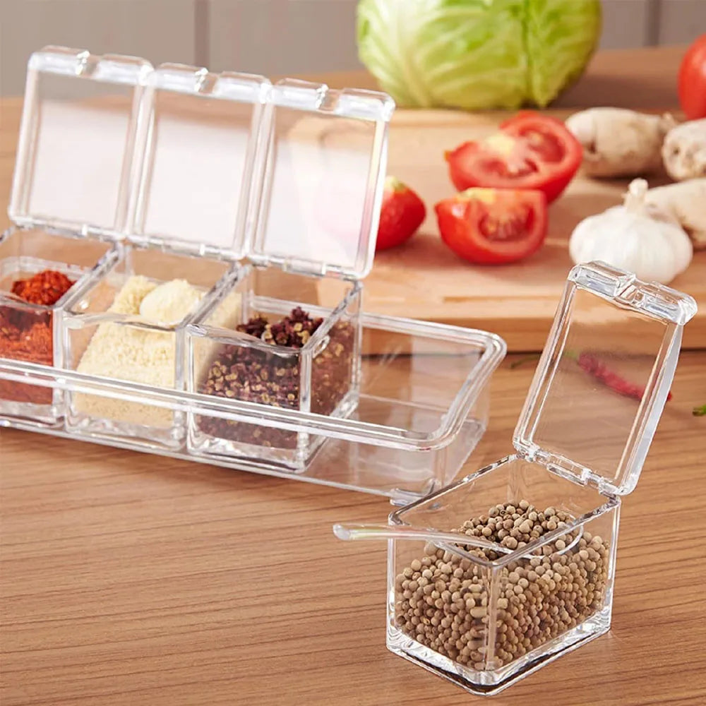 4-Cell Clear Acrylic Spice Box with Lids & Spoons