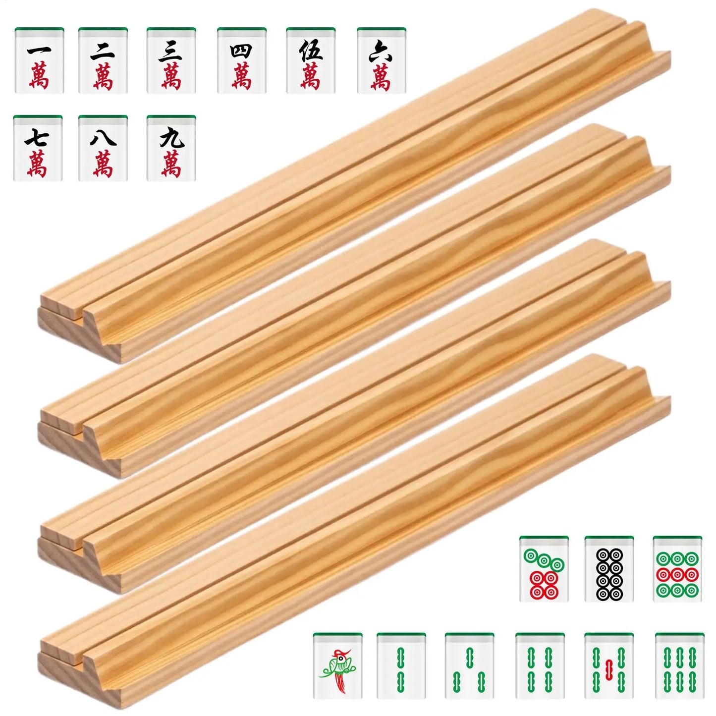 4Pcs Wooden Mahjong Racks With Pushers Non Slip Portable Mahjong Tile Holders for Family Home Travel Camping Game Night Peaceful Pleasures Health and Wellness