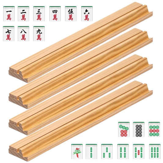 4Pcs Wooden Mahjong Racks With Pushers Non Slip Portable Mahjong Tile Holders for Family Home Travel Camping Game Night Peaceful Pleasures Health and Wellness