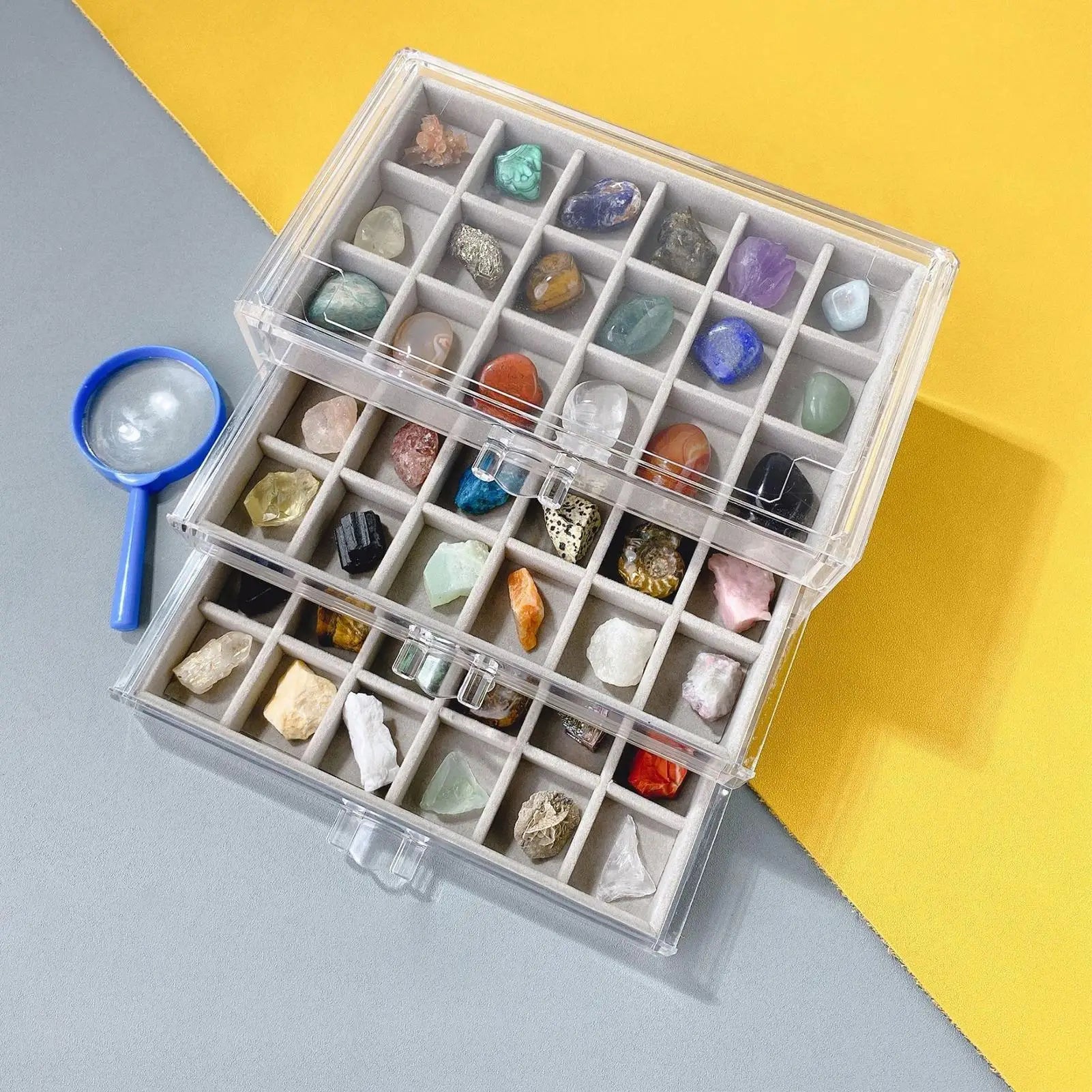 54 Grids Rock Display Case Crystal Gemstone Collection Shelf with Clear Lid Acrylic Organizer for Fossils Minerals Specimens Peaceful Pleasures Health and Wellness