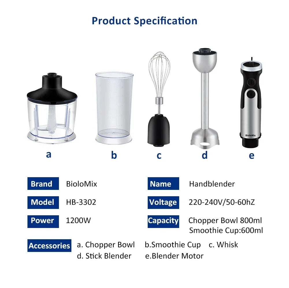 BioloMix HB-3302 1200W 5-in-1 Immersion Hand Blender | Mixer Peaceful Pleasures Health and Wellness