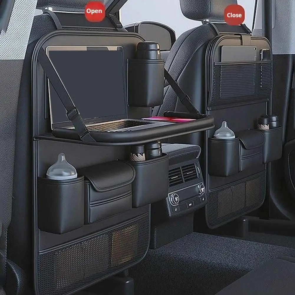 PU Leather Car Seat Back Organizer – 6 Pockets & Foldable Tray
