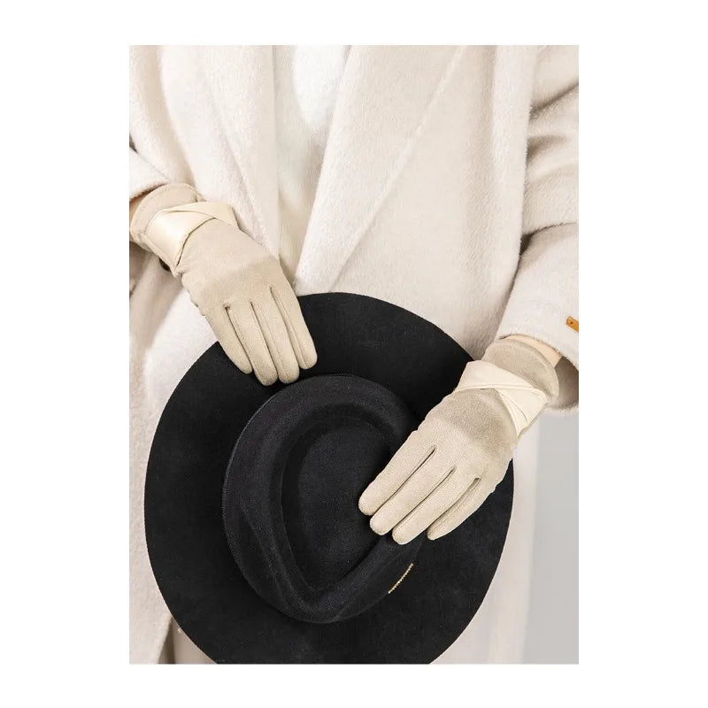 Women's Suede Touchscreen Winter Gloves – Warm Velvet Bow
