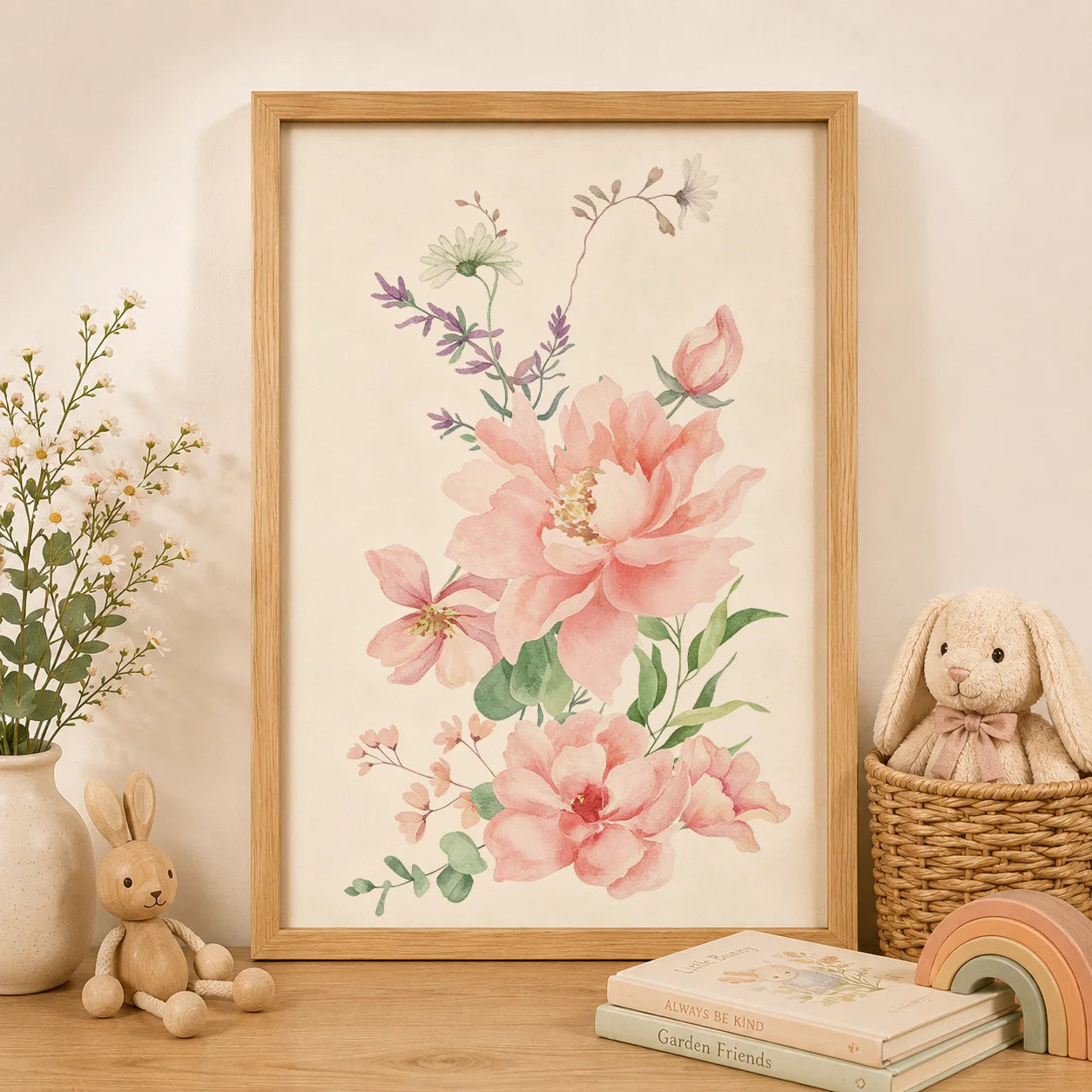 Custom Name Nursery Wall Art,pink Aesthetic wildflowers Canvas Painting, Nordic Poster Print for Baby, Toddler Kids Room Decor Peaceful Pleasures Health and Wellness