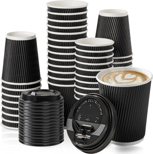 12OZ Black Disposable Coffe Cups with Lids Corrugated Triple Wall To Go Hot Cups Insulated Paper Cups for Hot Drinks Home Office Peaceful Pleasures Health and Wellness
