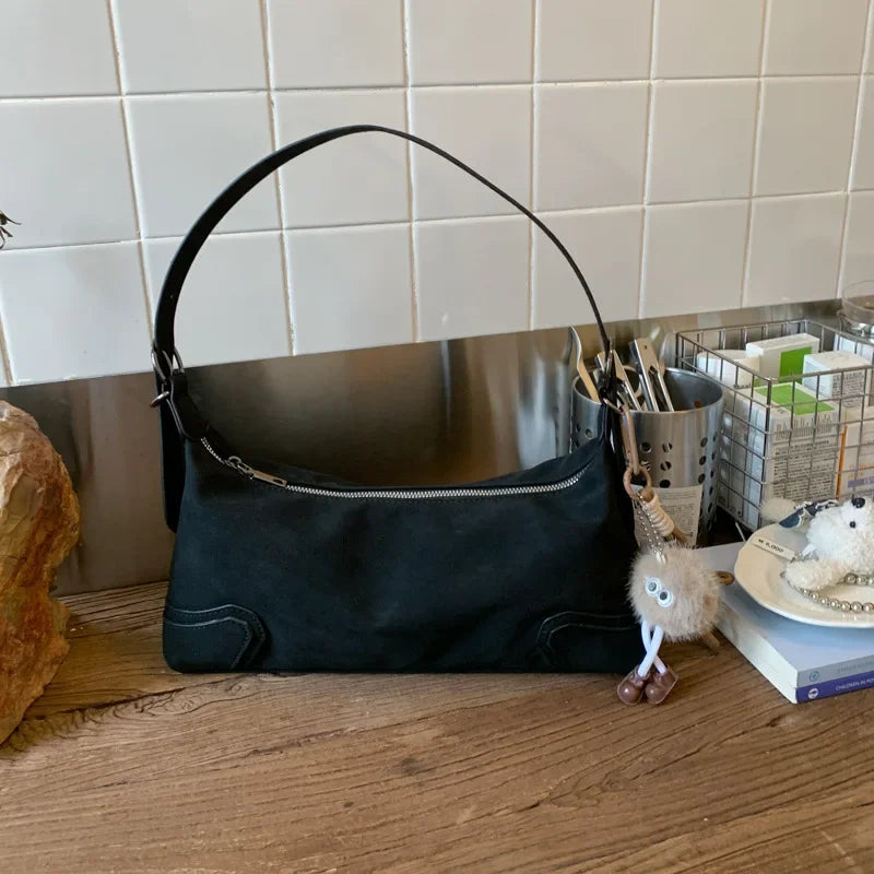 New Versatile Vintage Niche Texture Armpit Bag New Autumn Women Motorcycle Bag Minimalist Shoulder Bags Casual Commuter Handbag Peaceful Pleasures Health and Wellness black No pendant