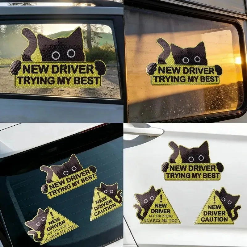 3-Pack Cute Cat New Driver Reflective Safety Car Stickers