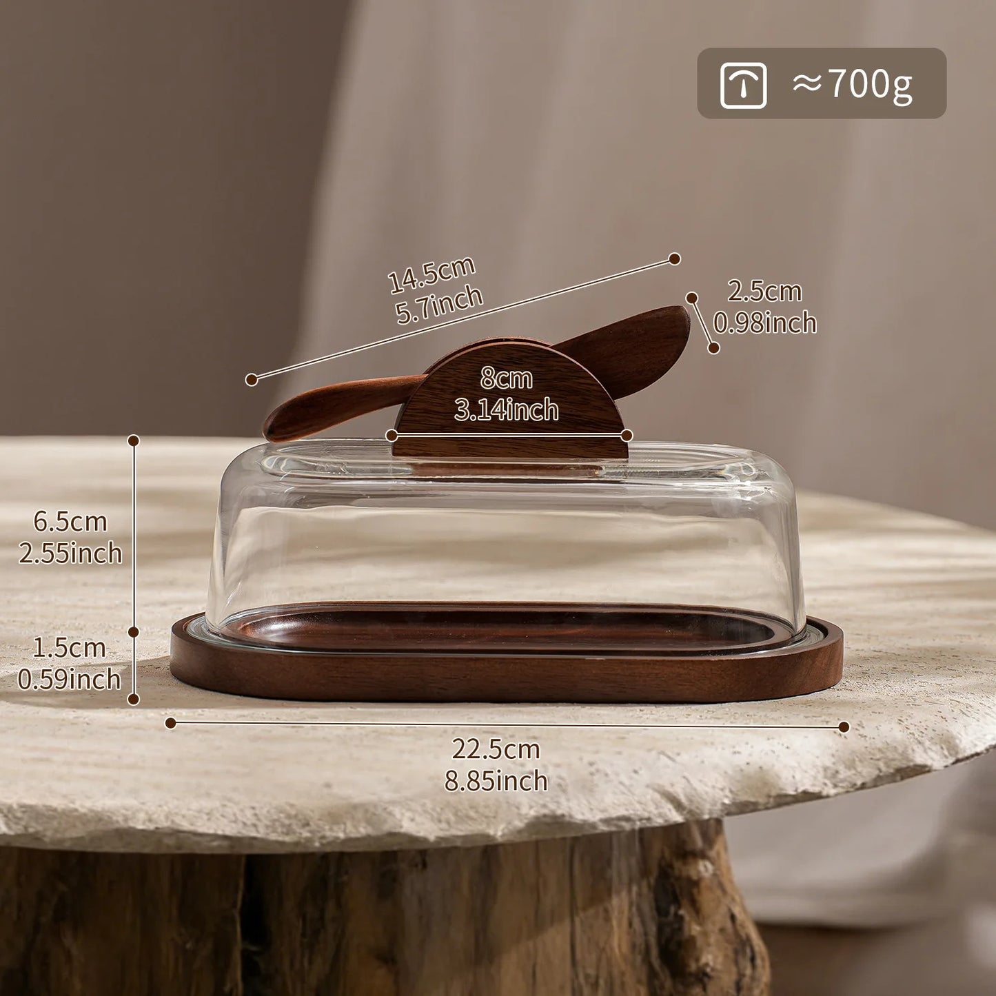 Solid Wood Butter Dish with Glass Lid & Butter Knife Set Butter Dish Set Peaceful Pleasures Health and Wellness Clear