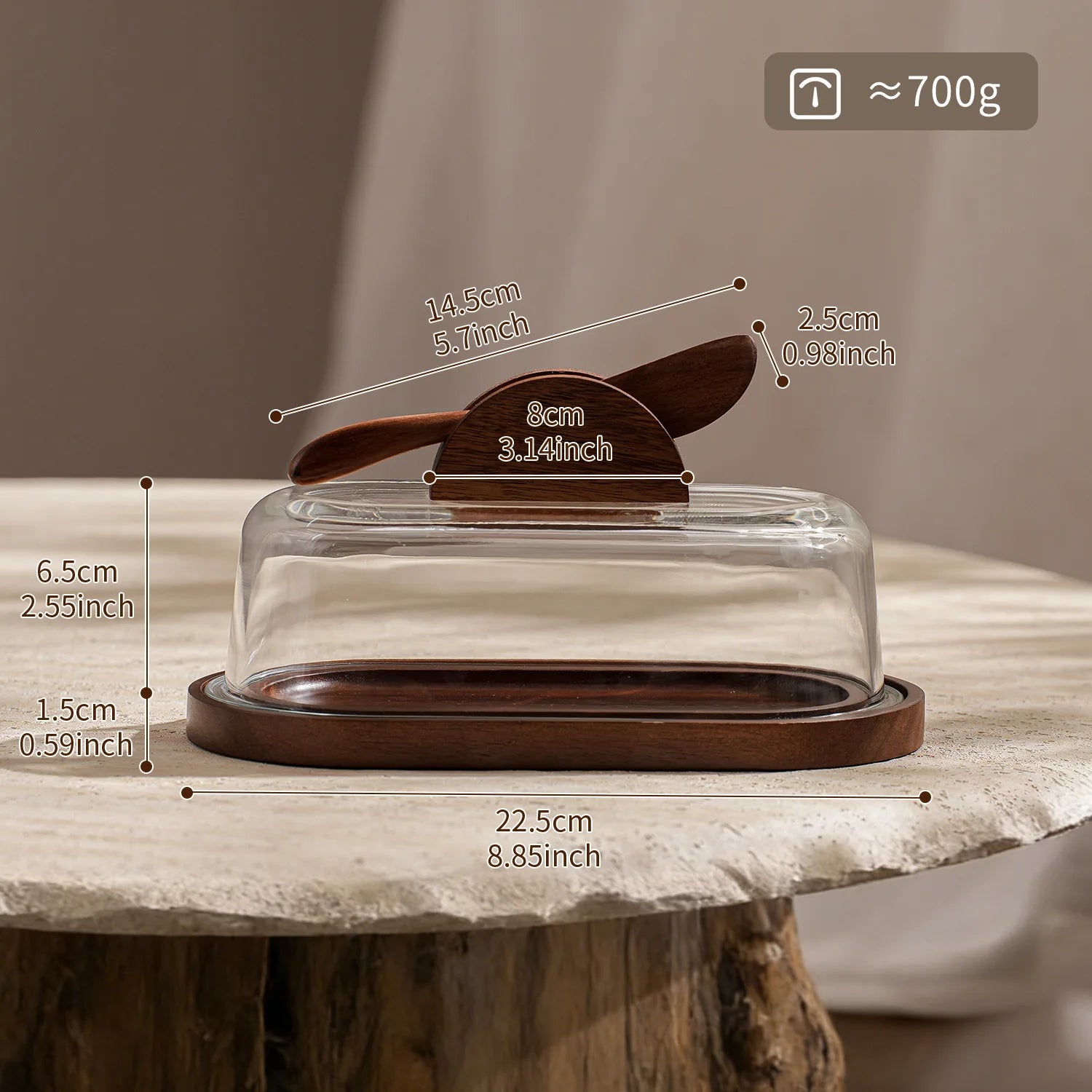 Solid Wood Butter Dish with Glass Lid & Butter Knife Set Butter Dish Set Peaceful Pleasures Health and Wellness Clear