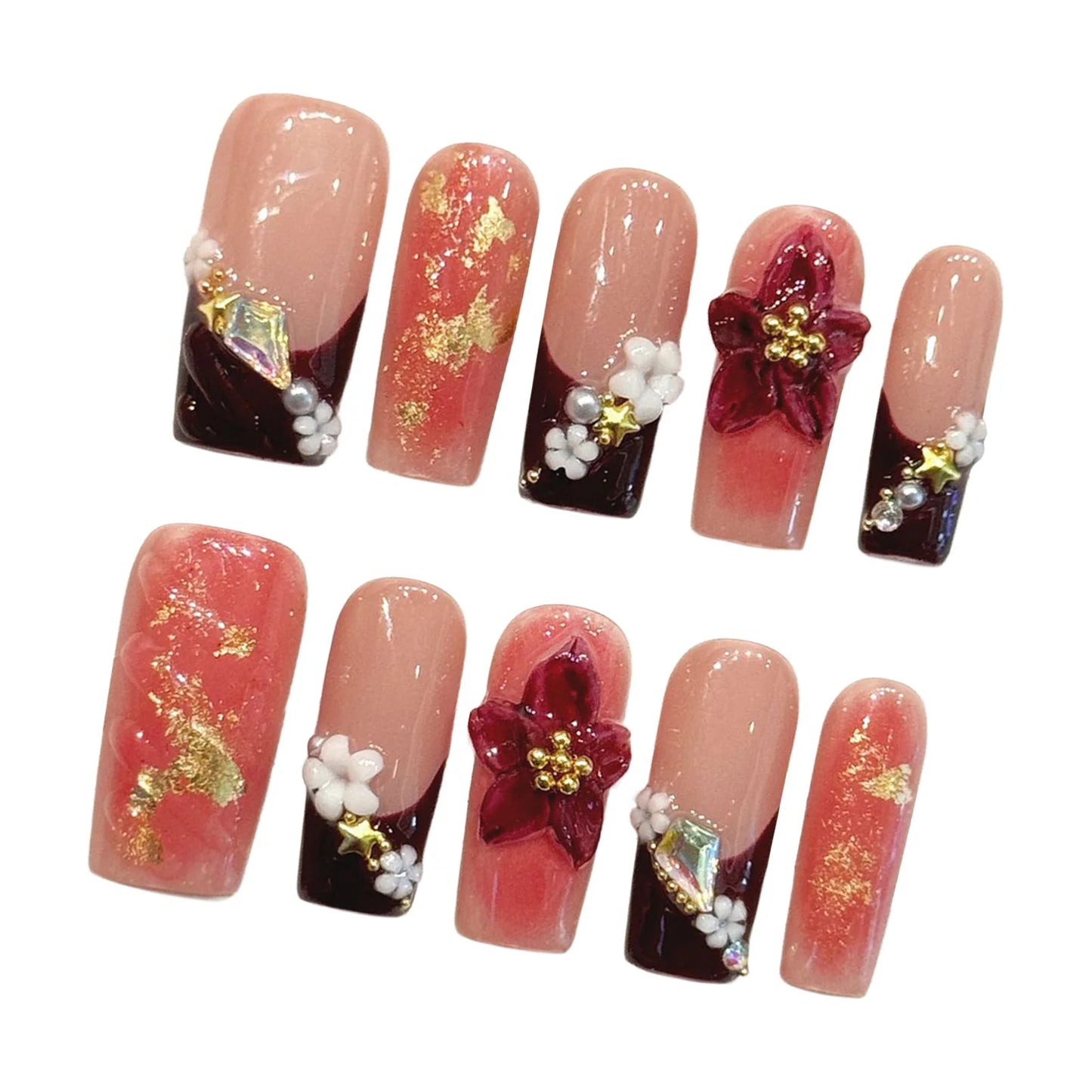 Wine Red French Press On Nails | 3D Sakura & Gold Foil – 10pc