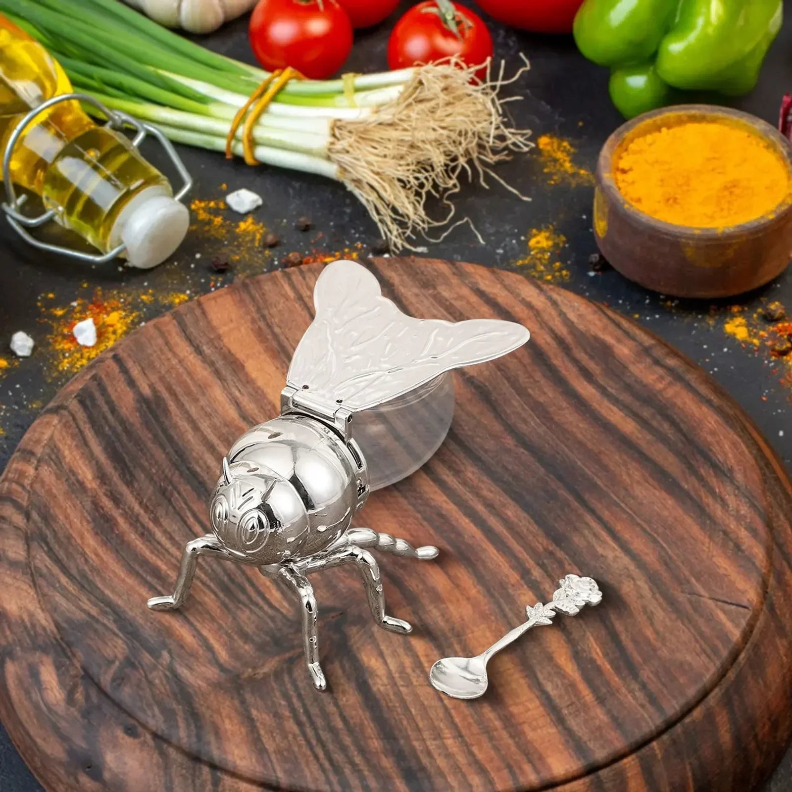 Creative cartoon Bee Shaped Seasoning Jar Honey Pot with Spoon for Kitchen Decor Festive Parties condiments oil Storage Holder Peaceful Pleasures Health and Wellness