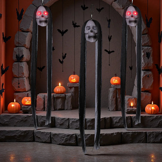 Halloween Hanging Ghost Skull – Glowing Eyes & Long Hair Decor Halloween Skull Prop Oasis Select