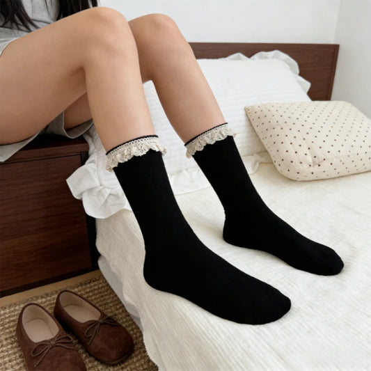 Korean Style Socks Sweet Lace Mid Calf Socks Ballet Style Girls Double Needle Slouch Socks for Women Daily Casual Fashion Wear Peaceful Pleasures Health and Wellness