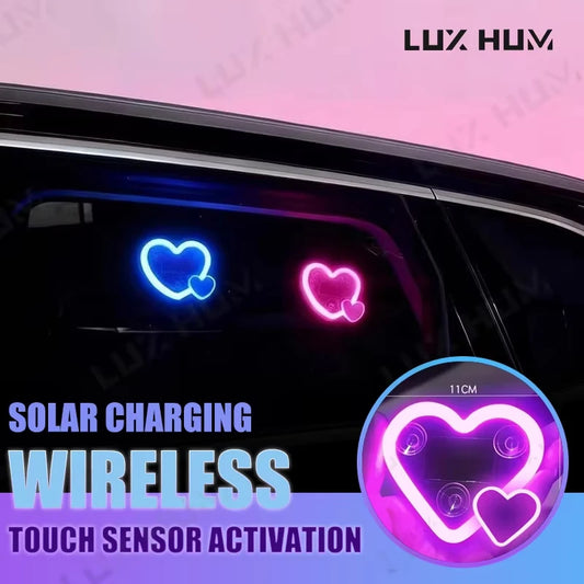 Solar Powered Car Neon Light Wireless Cute Double Heart Shaped Led Ambient Light Suction Cup Atmosphere Breathing Lamp Peaceful Pleasures Health and Wellness