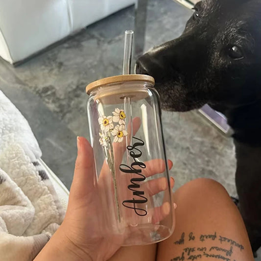 Personalized Name Birth Flower Glass Cup with Bamboo Lid Straw Birthday Gifts Wedding Bachelorette Party Bridal Shower Decorate Peaceful Pleasures Health and Wellness