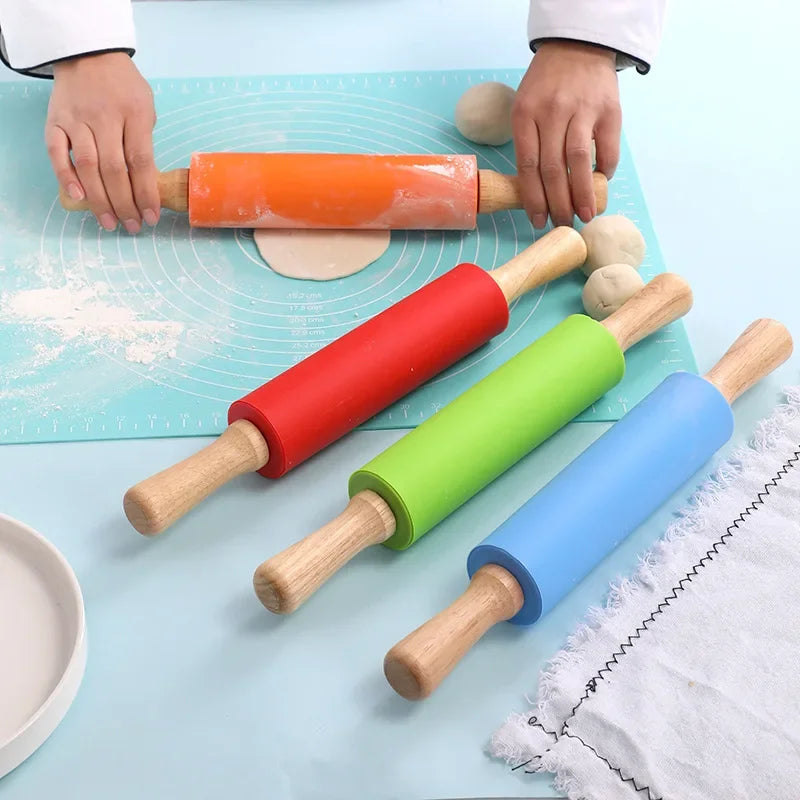 Non-Stick Silicone Rolling Pin – 3 Sizes | Wooden Handle