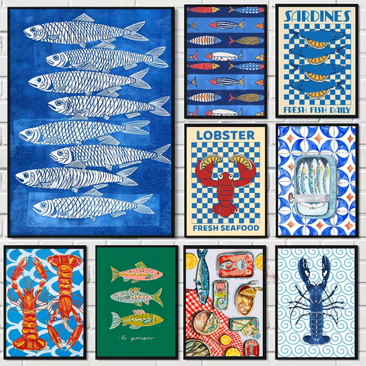 Colorful Sardines & Lobsters Canvas Wall Art | Ocean Fish Print Canvas Wall Art Print Peaceful Pleasures Health and Wellness