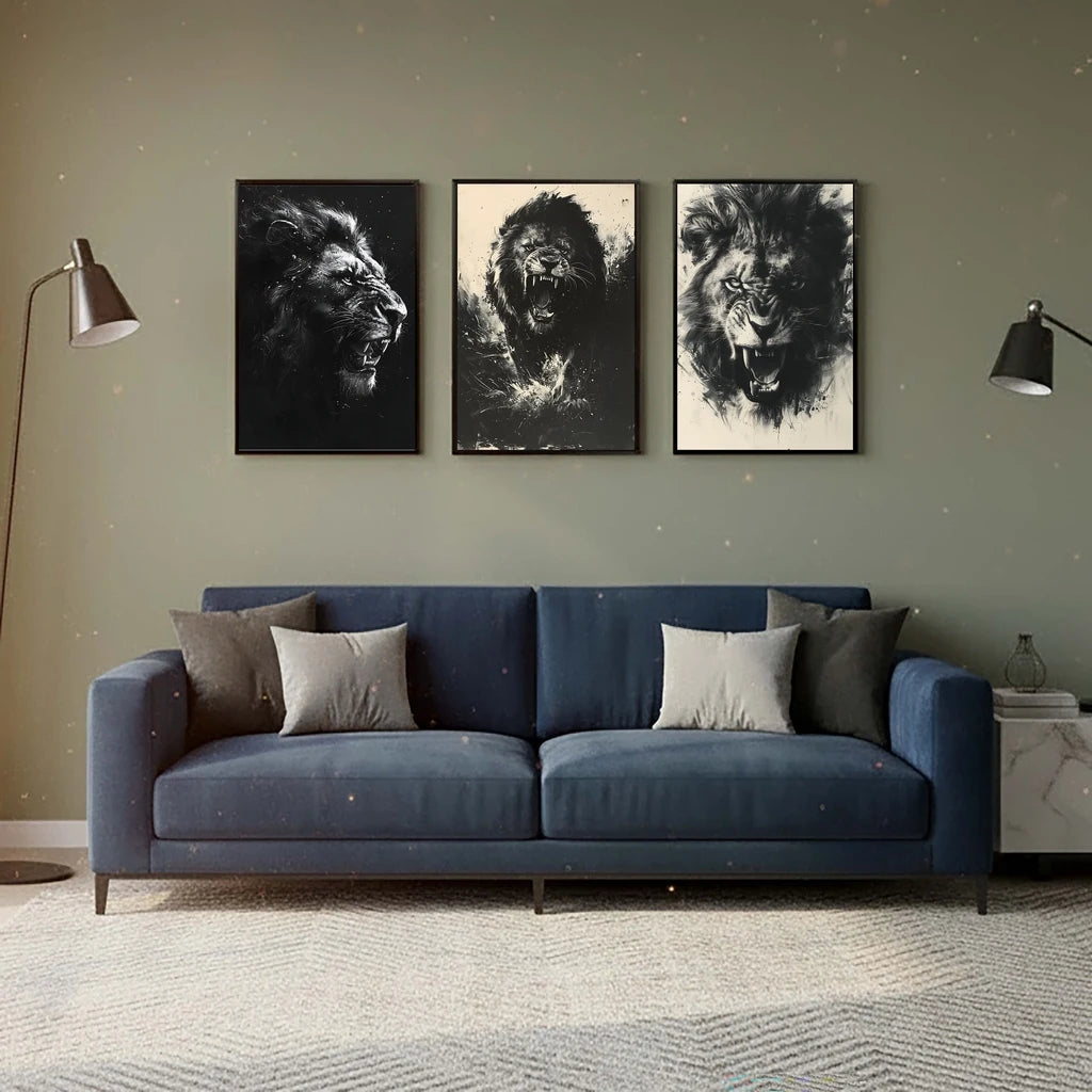 Abstract Wall Art Black Monochrome Style Angry Lion Canvas Painting Modern Style Poster Prints Living Room Wall Decor Peaceful Pleasures Health and Wellness