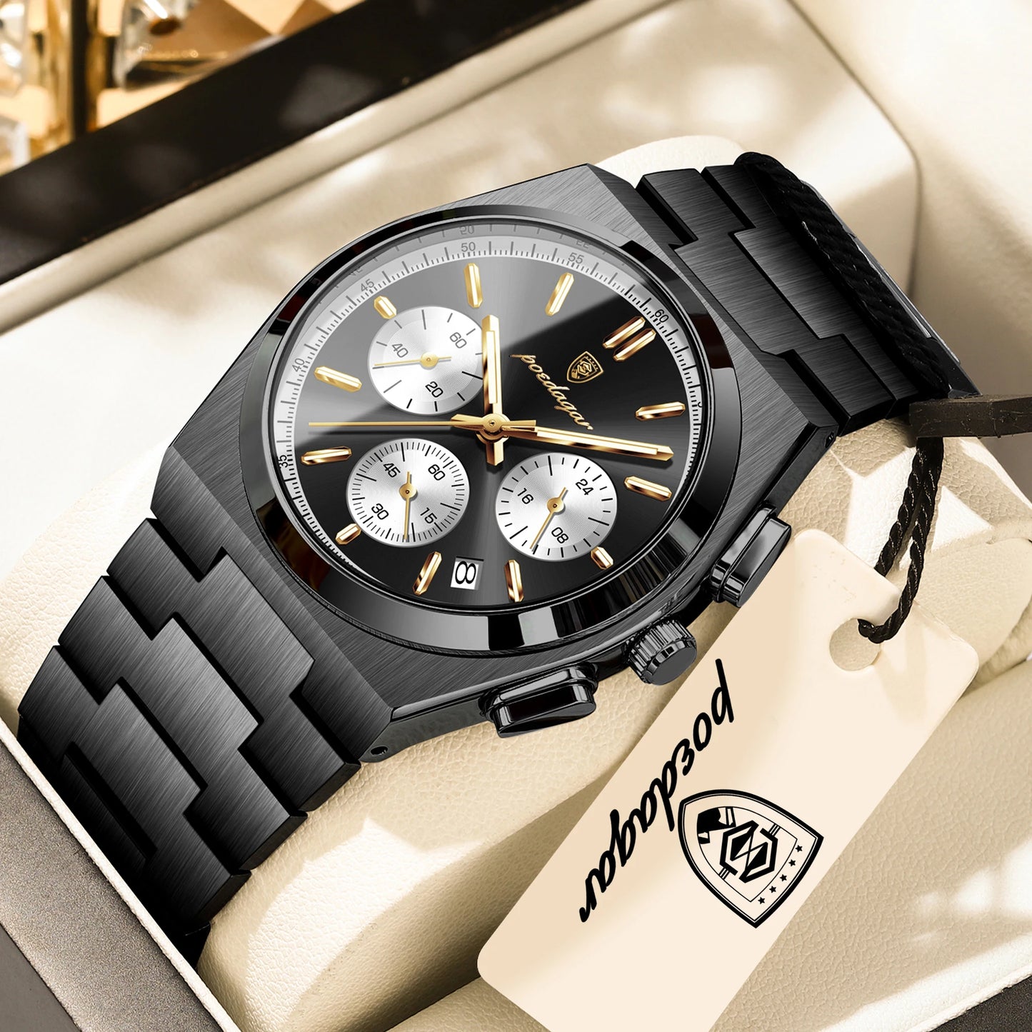 POEDAGAR Top Business Men's Watch Chronograph Date Stainless Steel Classic Man Clock Waterproof Luminous Quartz Watches For Men Peaceful Pleasures Health and Wellness Black Black White China Mainland