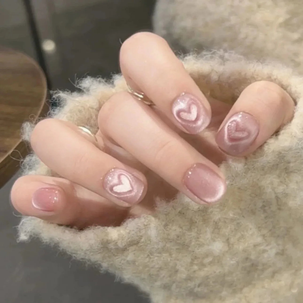 Handmade Press on Nails Sweet Pink Heart Cat Eye False Nails Full Cover Wearable Ins Simple Korean Cute Short Fake Nail Tips Peaceful Pleasures Health and Wellness L