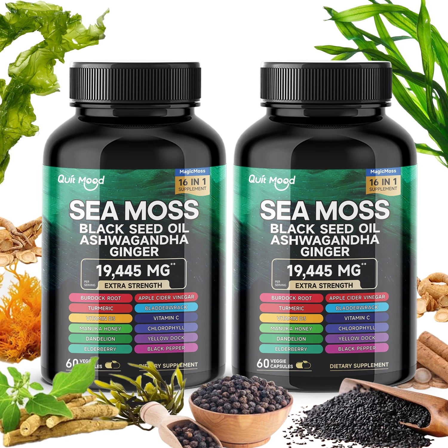 2Pcs Sea Moss 3000mg Black Seed Oil 2000mg Ashwagandha1000mg Turmeric 1000mg Bladderwrack 1000mg Burdock 1000mg & Vitamin C & D3 Peaceful Pleasures Health and Wellness