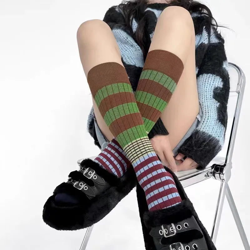 Women's Fashion Gradient Color Striped Retro Cotton Socks High Tube Soft and Comfortable Sports Women's Casual Socks Peaceful Pleasures Health and Wellness green EU36-39