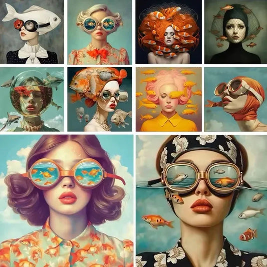 Surrealism Woman & Fish Canvas Wall Art | Fantasy Portrait Print Canvas Wall Art Peaceful Pleasures Health and Wellness