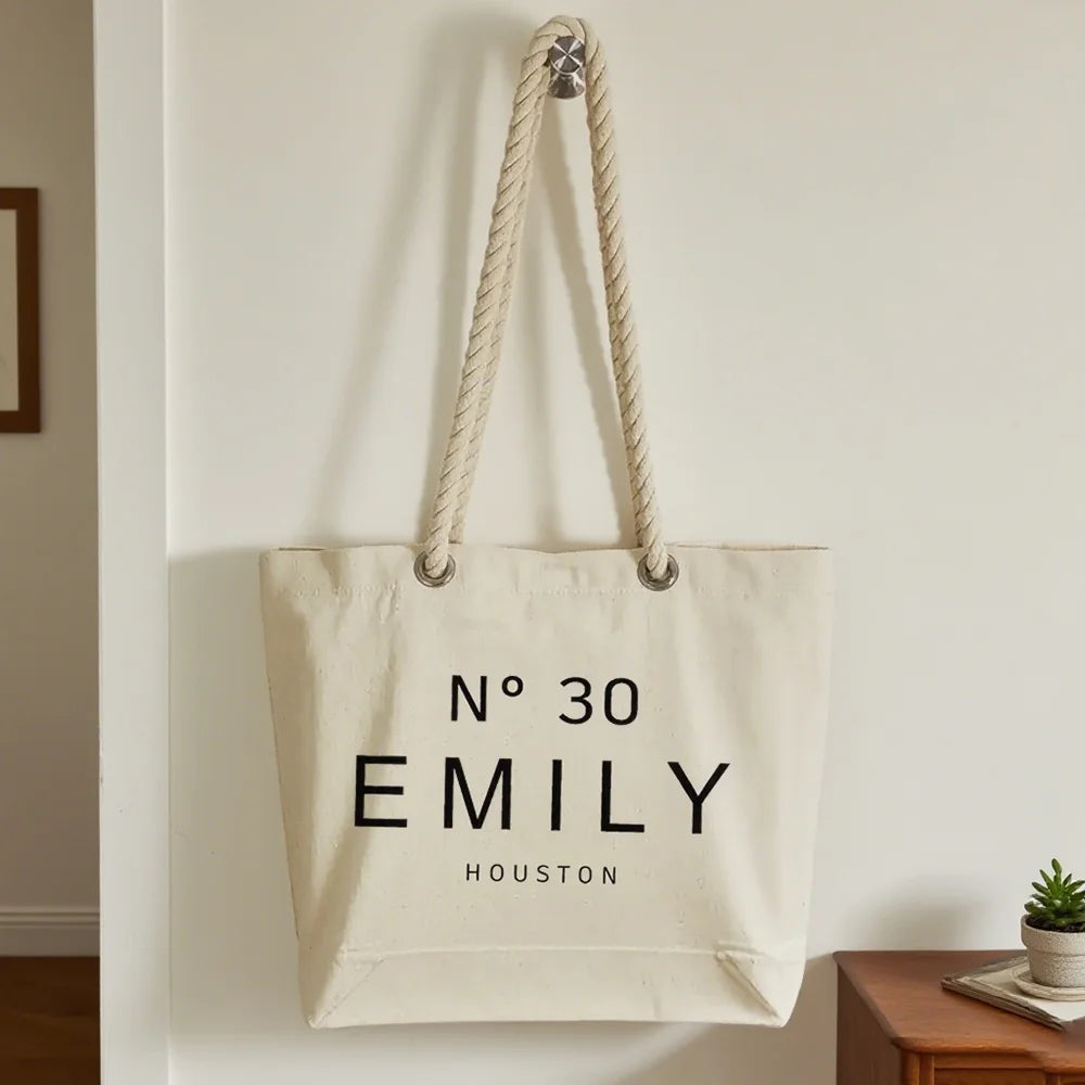 Custom Hemp Punched Canvas Bags 30th 40th 50th Years Tote Bag with Name and State Birthday Celebration Gift for Women Bday Party Peaceful Pleasures Health and Wellness
