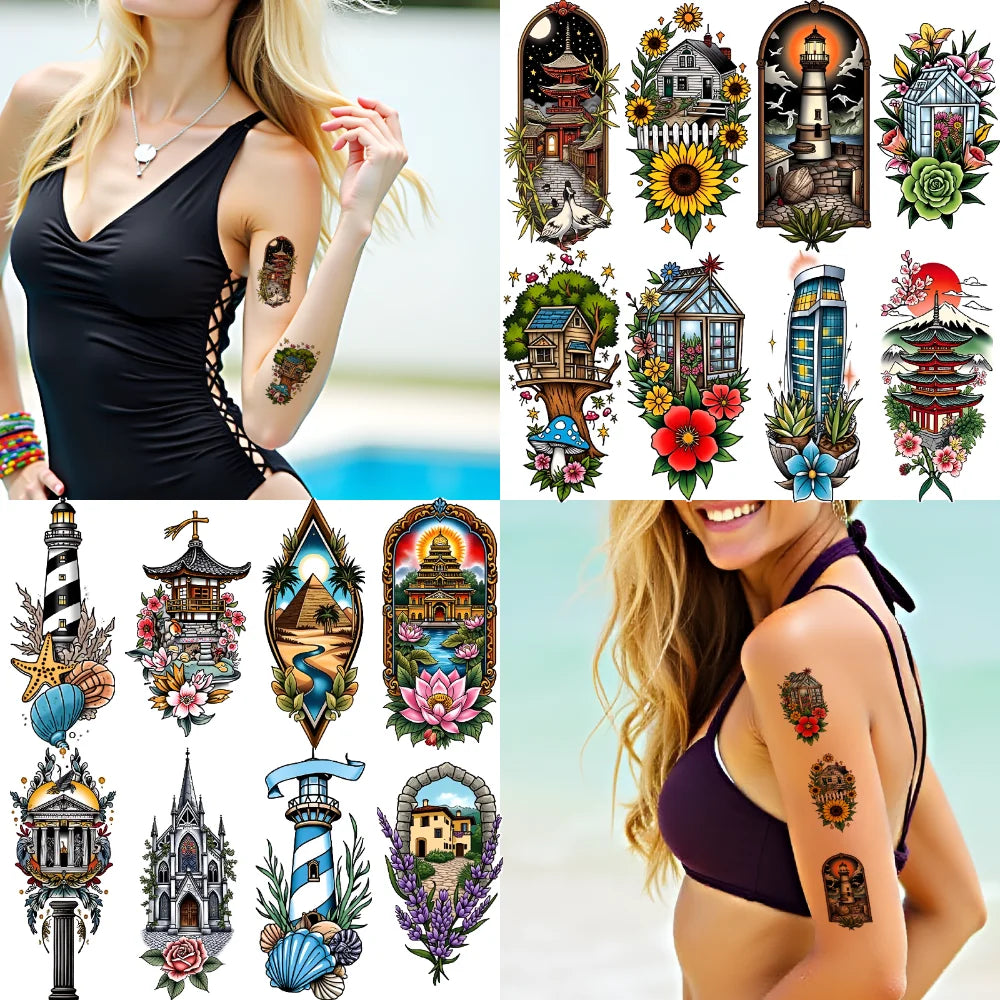 9-Pack Temporary Tattoo Stickers – Lighthouse, Flowers & Church