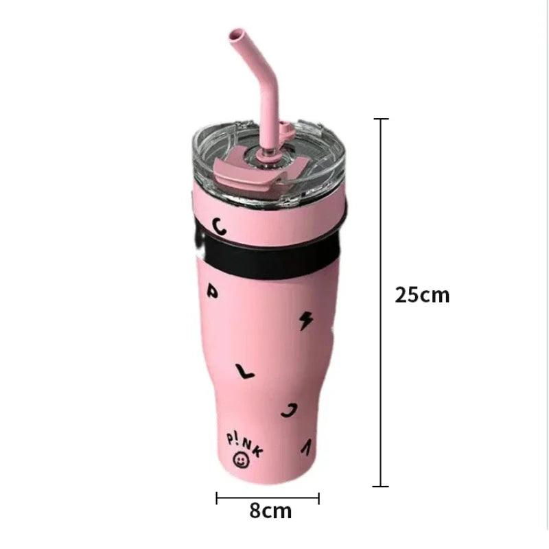 High Appearance 304 Stainless Steel Giant Thermos Cup with Large Capacity with Handle and Straw Ice Cream Cup Car Water Cup Peaceful Pleasures Health and Wellness