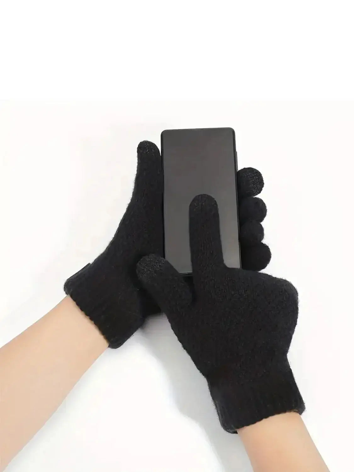 1pair Men Black Winter Double Layer Plus Velvet Thickened Knitted Gloves, Outdoor Touch Screen Warm Full Finger Gloves Peaceful Pleasures Health and Wellness